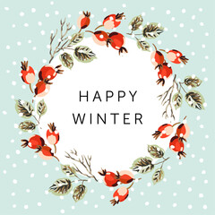 Fototapeta premium Christmas wreath with text, light blue background. Red rosehip berries, green leaves, twigs, snow. Vector illustration. Nature design. Greeting card, poster template. Winter holidays