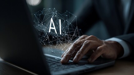 Person typing on laptop with an overlay of AI network graphics presented in a modern workspace environment
