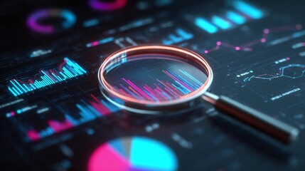 Data analysis displayed on a digital screen with magnifying glass highlighting metrics and graphs in a modern workspace during daytime