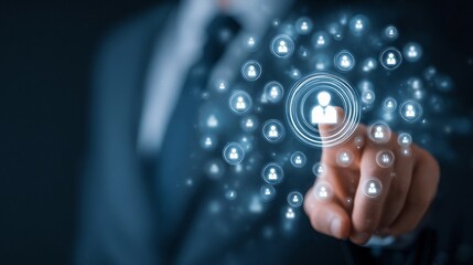 Business professional interacting with digital user interface showcasing diverse profiles and connections during a virtual networking event