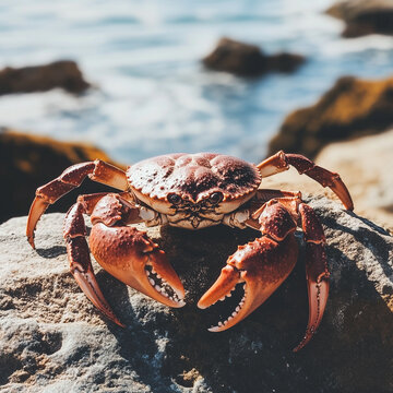 Wielki, czerwono-brązowy krab z wielkimi szczypcami na skale z morzem i falami w tle. Symbolizuje dzikie, morskie życie i naturę.