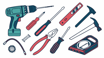 Professional Construction and Electrical Equipment Tools Set Vector Illustration with Drill, Pliers, Screwdrivers, Hammers, Saws, Tape Measure, and Wrench