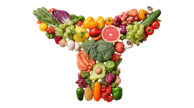 Fresh, nutritious ingredients in the shape of thyroid. Healthy food is a source of vitamins. Problems with thyroid concept isolated on a white background