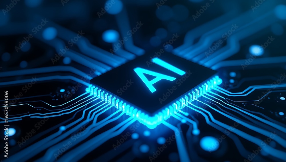 Poster glowing ai chip is centered on circuit board, symbolizing advanced technology and innovation. blue l