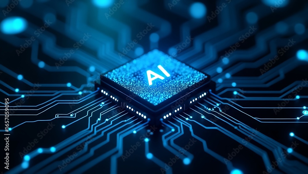 Poster glowing ai chip is centered on circuit board, symbolizing advanced technology and innovation. blue l
