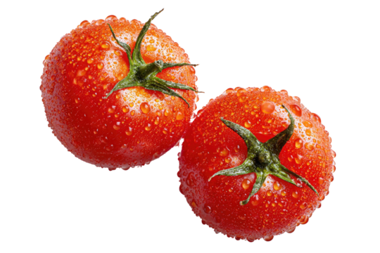 Two fresh, vibrant red tomatoes, glistening with water droplets, are positioned slightly offset against a black background.  Close-up view highlights the texture and color