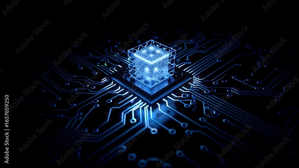 Poster glowing ai chip is centered on circuit board, symbolizing advanced technology and innovation. blue l