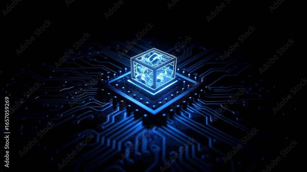 Poster glowing ai chip is centered on circuit board, symbolizing advanced technology and innovation. blue l