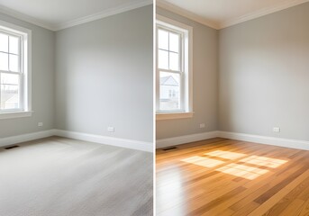 Before and after room renovation showing carpet removal and hardwood floor installation