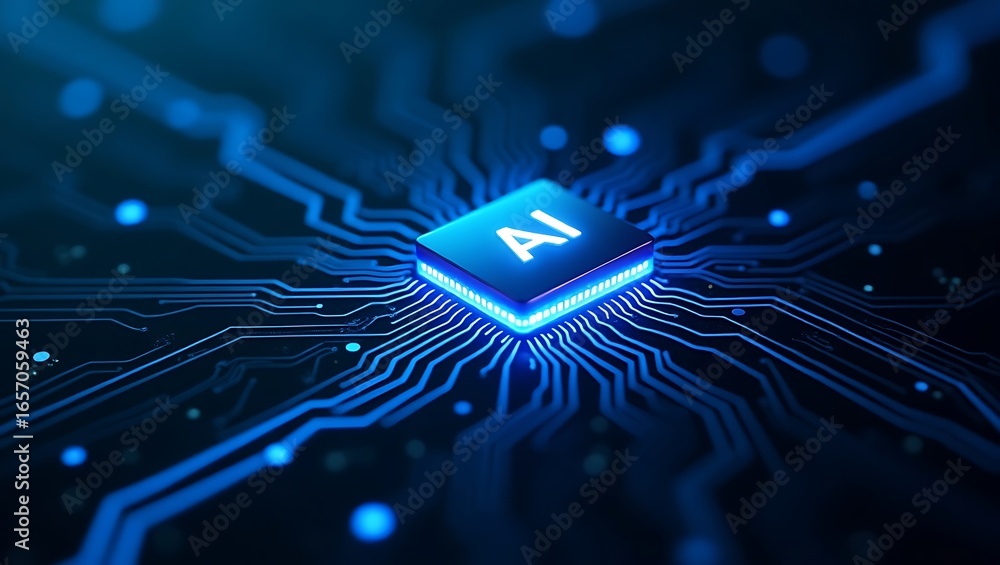 Poster glowing ai chip is centered on circuit board, symbolizing advanced technology and innovation. blue l