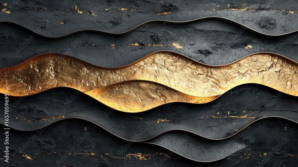 Aufkleber artwork features abstract design characterized flowing waves in gold and black creating luxurious an