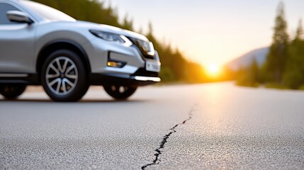 Car Driving on Cracked Asphalt Road at Sunset