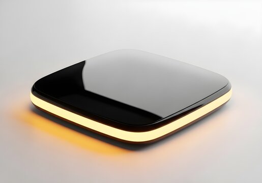 Modern black square device with glowing yellow light on a light gray background