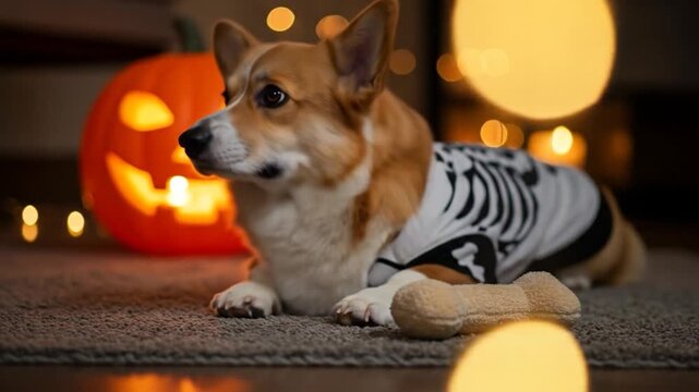 Corgi dog in halloween costume with pumpkin and bone pet holiday