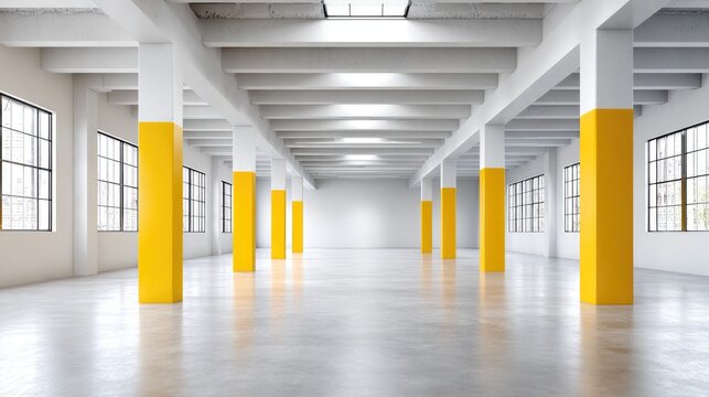 Empty industrial warehouse with yellow columns