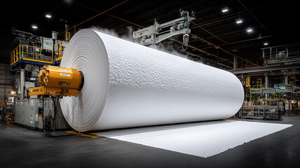 Giant white paper roll emerging from heavy machinery inside a paper mill, demonstrating continuous sheet formation and power.
