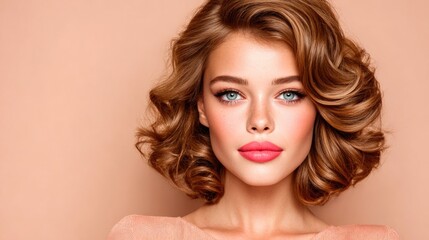 Fototapeta premium Glamorous young woman with wavy hairstyle and peach dress