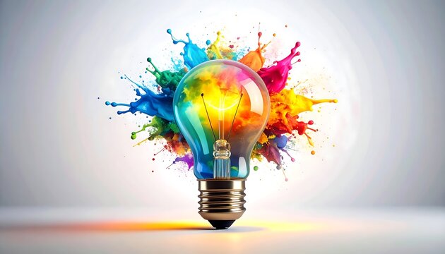 Colorful lightbulb surrounded by vibrant paint splashes.