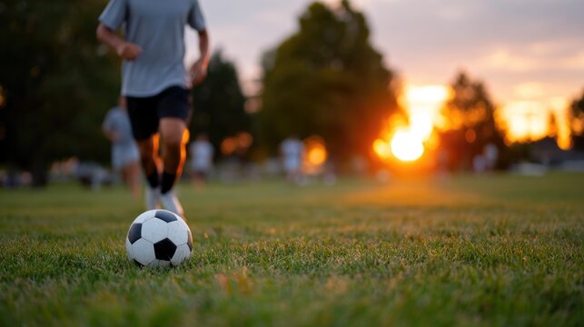 Soccer Player with Ball at Sunset