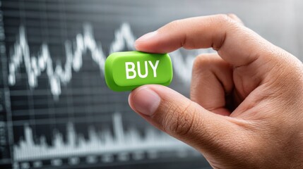 Hand pressing buy button with stock trading chart