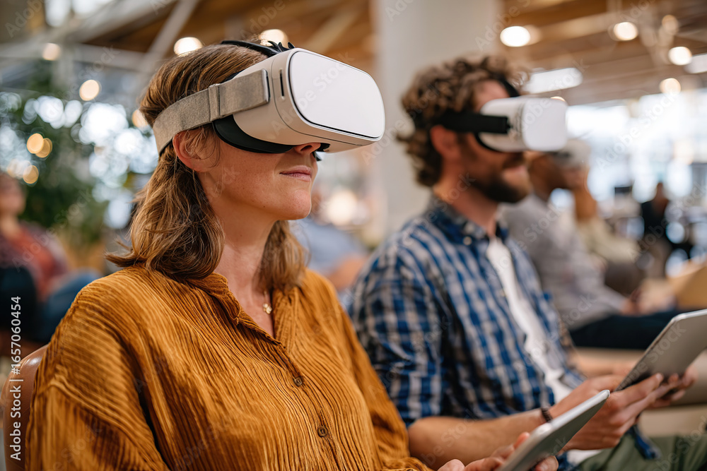 Poster professionals engage in virtual reality language learning activity in a modern workspace