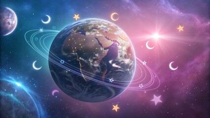 Obraz premium Majestic earth planet with glowing rings and crescent moons orbiting in a vibrant cosmic nebula filled with stars and galaxies