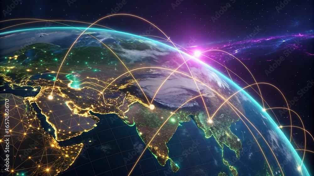 Aufkleber global network connections illuminate the earth at night with glowing lines representing data flow a
