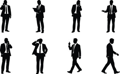 Silhouette business men talking, walking, presenting, office communication, businessman with phone, professional teamwork, corporate manager, confident leader, vector illustration, success