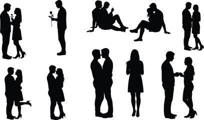 Silhouette couples in love, romantic relationship, man and woman, hugging, kissing, rose flower, dating moments, affection, passion, vector illustration