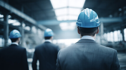Executive walkthrough inside an industrial plant with blue helmets, depicting governance, audit and alignment between management and production teams.
