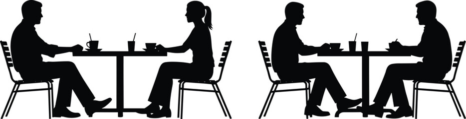 Silhouette people sitting at table, man and woman drinking coffee, business meeting, casual conversation, restaurant scene, teamwork, communication, vector illustration
