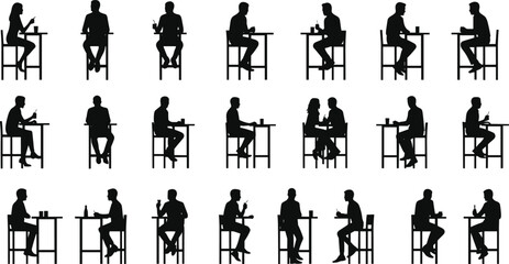 Silhouette people drinking coffee, man woman sitting alone, casual lifestyle, restaurant bar table, social interaction, friends meeting, vector illustration design