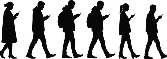 Silhouette people walking, smartphone users, men and women, backpack, pedestrians, mobile phone addiction, urban lifestyle, technology society, vector illustration, modern life