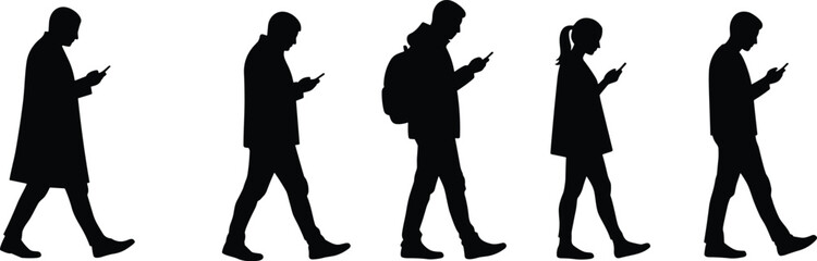 Silhouette people walking, smartphone users, men and women, pedestrians, backpack, mobile addiction, modern society, urban lifestyle, vector illustration, technology
