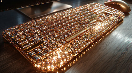 beautifully designed office workspace showcases dazzling crystal covered keyboard resting on polished wooden surface alongside modern mouse. setup radiates sophistication and luxury.