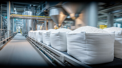 Bulk white sacks filled with food grade powder on a conveyor inside a processing plant, representing supply, storage and industrial efficiency.
