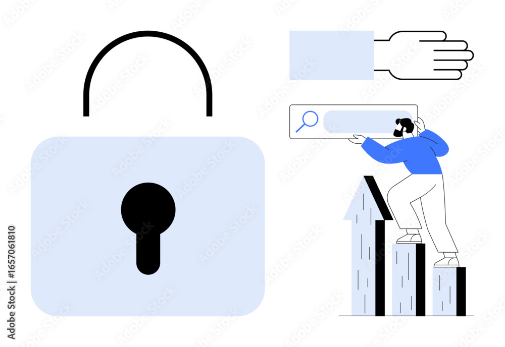 Poster padlock symbolizes data protection. man interacts with digital search bar on a stack of arrows depic