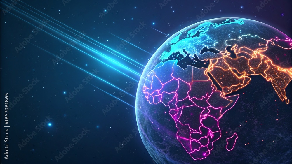 Poster vibrant illuminated globe with glowing continents and streaks of light representing global connectiv