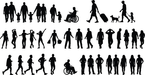 Silhouettes of diverse people in various activities, families, wheelchair users, walking dogs, shopping, dancing, jogging, urban lifestyle, vector illustration set