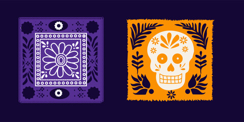 Mexican papel picado frame border set, festive and colorful flat vector design, traditional festival
