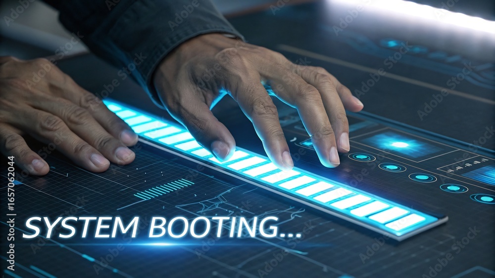 Aufkleber close up of person s hands typing on a futuristic glowing keyboard with system booting text overlay