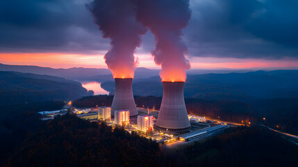 A nuclear power plant emits steam into the evening sky