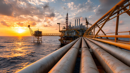 An offshore oil platform stands silhouetted against a vibrant sunset