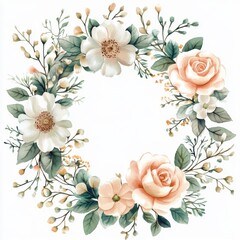Fototapeta premium Watercolor Floral Wreath on White, Elegant Wedding Invitation, Spring Blossom