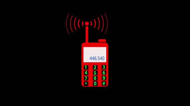 A red wireless retro-style phone icon with antenna transmitting signal waves. The screen displays 446.540 MHz, symbolizing emergency communication, radio frequency, walkie-talkie technology, and mobil