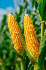 Two ripe ears of corn stand tall among green stalks in a sunny field. The clear blue sky enhances the vibrancy of the golden kernels, indicating a successful growing season