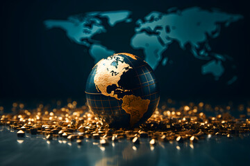 Globe surrounded by gold coins on a dark background with a world map