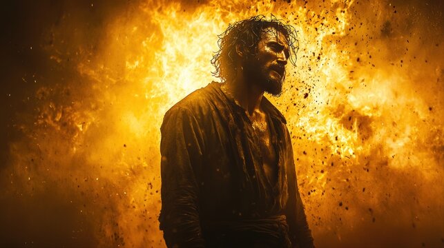 Moses is depicted in dramatic stance surrounded intense flames embodying moment of strength and determination. fiery backdrop enhances atmosphere of scene.