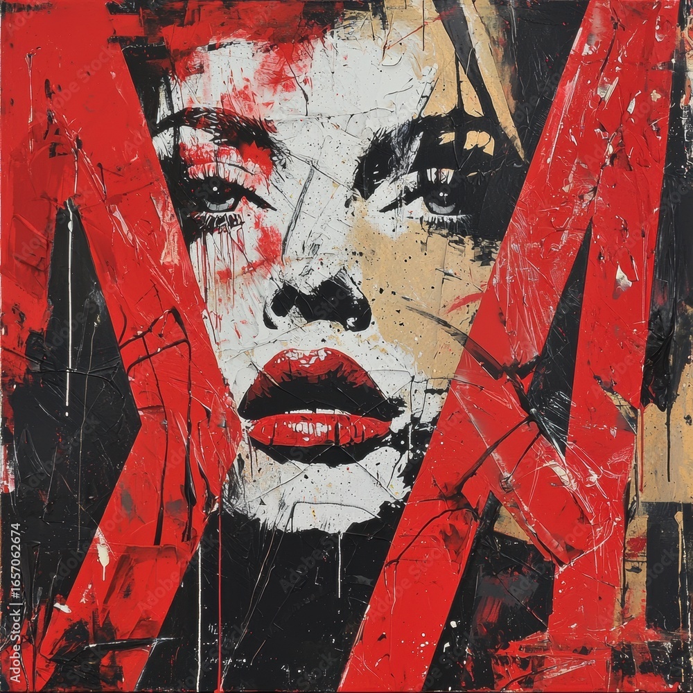 Poster captivating abstract artwork showcases woman's face richly painted in reds and blacks. striking feat