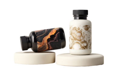 Two bottles, abstract design, on a pedestal